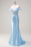 Sky Blue Corset Applique Mermaid Satin Prom Dress with Sequins