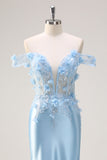 Sky Blue Corset Applique Mermaid Satin Prom Dress with Sequins