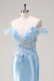 Sky Blue Corset Applique Mermaid Satin Prom Dress with Sequins