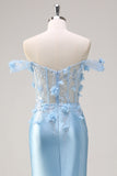 Sky Blue Corset Applique Mermaid Satin Prom Dress with Sequins