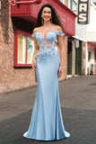 Sky Blue Off the Shoulder Corset Mermaid Satin Prom Dress with 3D Flower