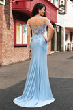 Sky Blue Off the Shoulder Corset Mermaid Satin Prom Dress with 3D Flower