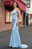 Sky Blue Off the Shoulder Corset Mermaid Satin Prom Dress with 3D Flower