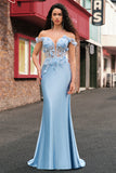 Sky Blue Off the Shoulder Corset Mermaid Satin Prom Dress with 3D Flower