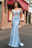 Sky Blue Off the Shoulder Corset Mermaid Satin Prom Dress with 3D Flower