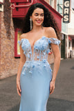 Sky Blue Off the Shoulder Corset Mermaid Satin Prom Dress with 3D Flower