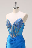 Blue Strapless Beaded Mermaid Satin Prom Dress with Slit