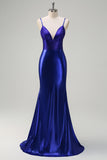 Gorgeous Royal Blue Satin Mermaid Prom Dress with Beading