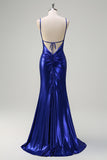 Gorgeous Royal Blue Satin Mermaid Prom Dress with Beading