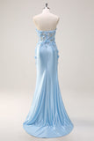 Blue Corset Applique Mermaid Satin Prom Dress with Slit