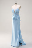 Blue Corset Applique Mermaid Satin Prom Dress with Slit