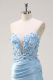 Blue Corset Applique Mermaid Satin Prom Dress with Slit