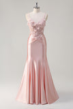 Pink Spaghetti Straps Applique Mermaid Satin Prom Dress