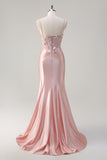 Pink Spaghetti Straps Applique Mermaid Satin Prom Dress