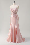 Pink Spaghetti Straps Applique Mermaid Satin Prom Dress