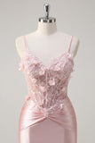 Pink Spaghetti Straps Applique Mermaid Satin Prom Dress