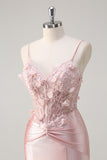 Pink Spaghetti Straps Applique Mermaid Satin Prom Dress