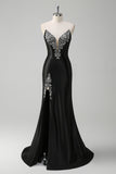 Black Deep V-Neck Beaded Mermaid Satin Prom Dress with Slit