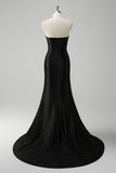 Black Deep V-Neck Beaded Mermaid Satin Prom Dress with Slit