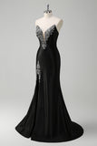 Black Deep V-Neck Beaded Mermaid Satin Prom Dress with Slit