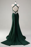 Dark Green Corset Beaded Satin Mermaid Sweep Train Prom Dress