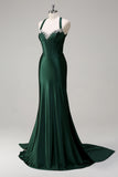 Dark Green Corset Beaded Satin Mermaid Sweep Train Prom Dress