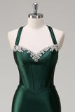 Dark Green Corset Beaded Satin Mermaid Sweep Train Prom Dress