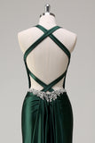 Dark Green Corset Beaded Satin Mermaid Sweep Train Prom Dress