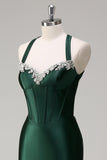 Dark Green Corset Beaded Satin Mermaid Sweep Train Prom Dress