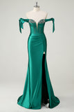 Dark Green Off The Shoulder Mermaid Beaded Satin Prom Dress with Slit