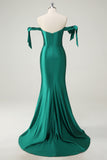 Dark Green Off The Shoulder Mermaid Beaded Satin Prom Dress with Slit