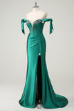 Dark Green Off The Shoulder Mermaid Beaded Satin Prom Dress with Slit