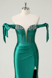 Dark Green Off The Shoulder Mermaid Beaded Satin Prom Dress with Slit