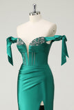 Dark Green Off The Shoulder Mermaid Beaded Satin Prom Dress with Slit