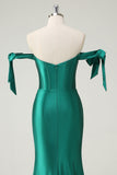 Dark Green Off The Shoulder Mermaid Beaded Satin Prom Dress with Slit