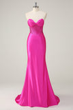 Fuchsia Corset Strapless Mermaid Satin Sweep Train Prom Dress