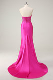 Fuchsia Corset Strapless Mermaid Satin Sweep Train Prom Dress