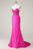 Fuchsia Corset Strapless Mermaid Satin Sweep Train Prom Dress