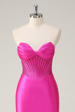 Fuchsia Corset Strapless Mermaid Satin Sweep Train Prom Dress