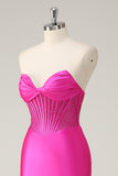 Fuchsia Corset Strapless Mermaid Satin Sweep Train Prom Dress