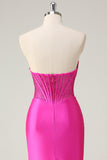 Fuchsia Corset Strapless Mermaid Satin Sweep Train Prom Dress