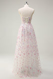 Pink Spaghetti Straps Applique Sequined A-Line Prom Dress