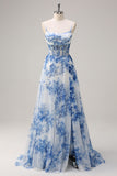 White Blue Flower Spaghetti Straps A-Line Prom Dress with Slit