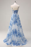 White Blue Flower Spaghetti Straps A-Line Prom Dress with Slit