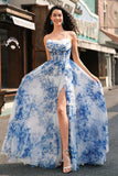 White Blue Floral A-Line Maxi Prom Dress with Slit