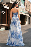 White Blue Floral A-Line Maxi Prom Dress with Slit