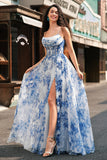 White Blue Floral A-Line Maxi Prom Dress with Slit