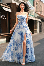 White Blue Floral A-Line Maxi Prom Dress with Slit