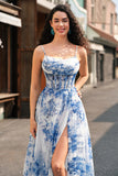 White Blue Floral A-Line Maxi Prom Dress with Slit