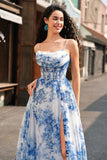 White Blue Floral A-Line Maxi Prom Dress with Slit